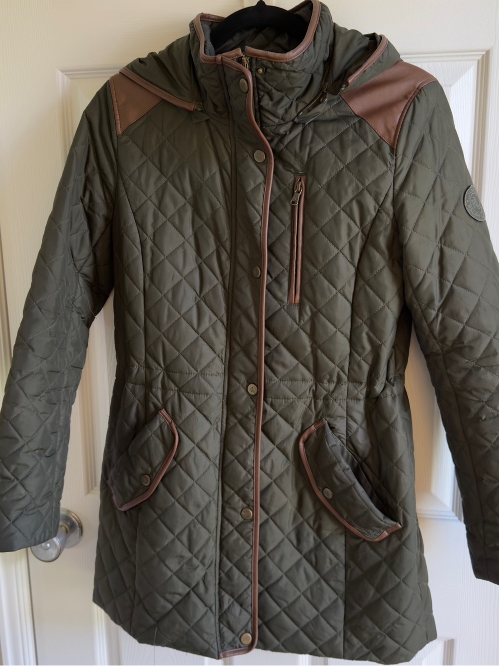 Lauren Ralph Lauren Olive Quilted Utility Jacket with Brown Trim
